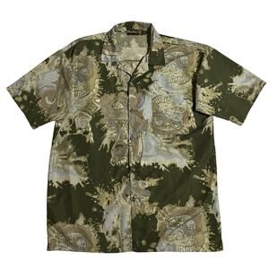 Vtg Y2K Mens Reliq Casual Short Sleeve Shirt Button-Up Abstract Art Green XL